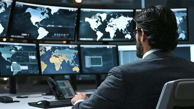 CIA Agent Monitoring High Tech Control Room with Computer Screens