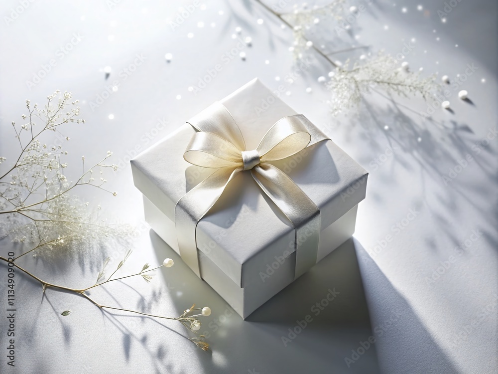 Poster elegant double exposure of a flat white gift box mock-up on a minimalist white background with subtl