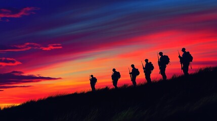 Silhouettes of soldiers with the American flag against a colorful sunset sky, commemorating Veterans Day.