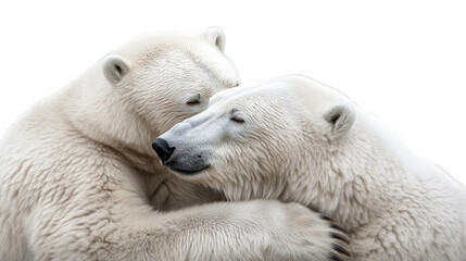 Polar Bear Embrace: Two majestic polar bears tenderly nuzzle and embrace, showcasing a heartwarming display of affection and connection in the Arctic wilderness.