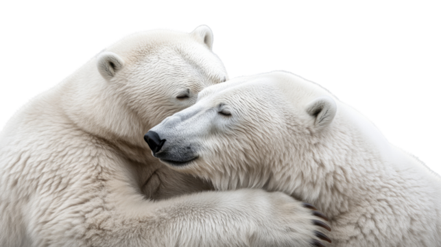Polar Bear Embrace: Two majestic polar bears tenderly nuzzle and embrace, showcasing a heartwarming display of affection and connection in the Arctic wilderness.