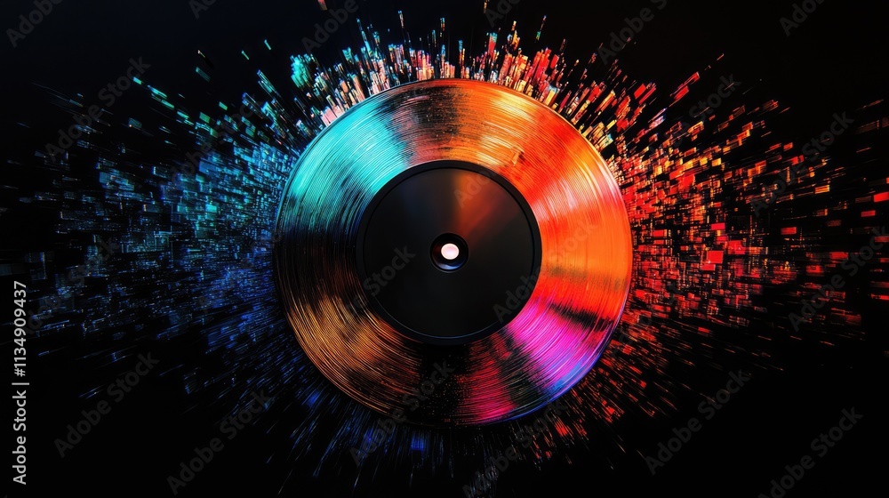 Poster abstract vinyl record design with colorful data streams representing the fusion of music and digital