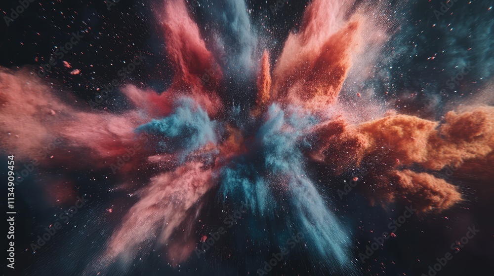 Poster vibrant colored powder explosion creating dynamic patterns against a dark background for artistic an