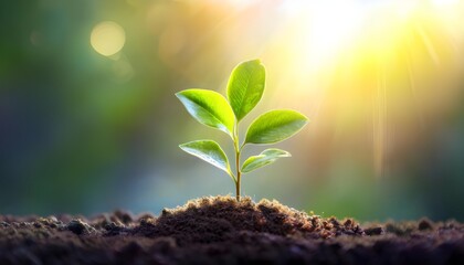Young Green Seedling Growing in Soil with Sunlight Optimistically Shining