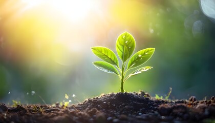 Young Green Seedling Growing in Soil with Sunlight Optimistically Shining