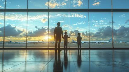 A father and his children gaze at planes through large airport windows as the sun sets over the horizon.
