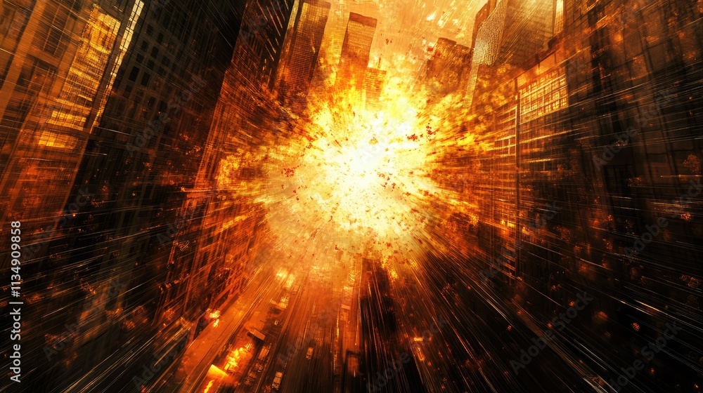 Poster dynamic explosion effect over cityscape showcasing vibrant lights and urban architecture in an abstr