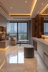 Fototapeta premium Modern minimalist bedroom with marble floor, large window, and built-in vanity.