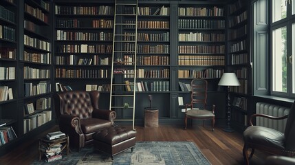 Sophisticated home library with floor-to-ceiling bookshelves, a leather reading chair, and a ladder for access.