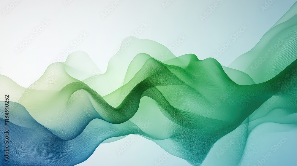 Poster green and blue abstract digital waves with soft smoke-like textures on a light background for creati
