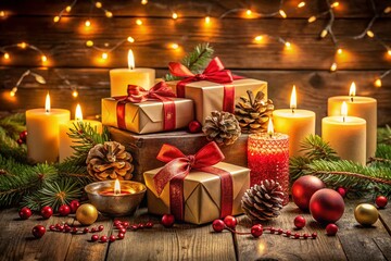 Elegant Fashion Photography Featuring Christmas and New Year Gifts Illuminated by Candlelight, Creating a Warm and Festive Atmosphere for Holiday Celebrations and Gift Giving