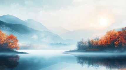 Fototapeta premium Majestic autumn landscape with foggy mountains and tranquil lake at sunrise in a serene natural environment