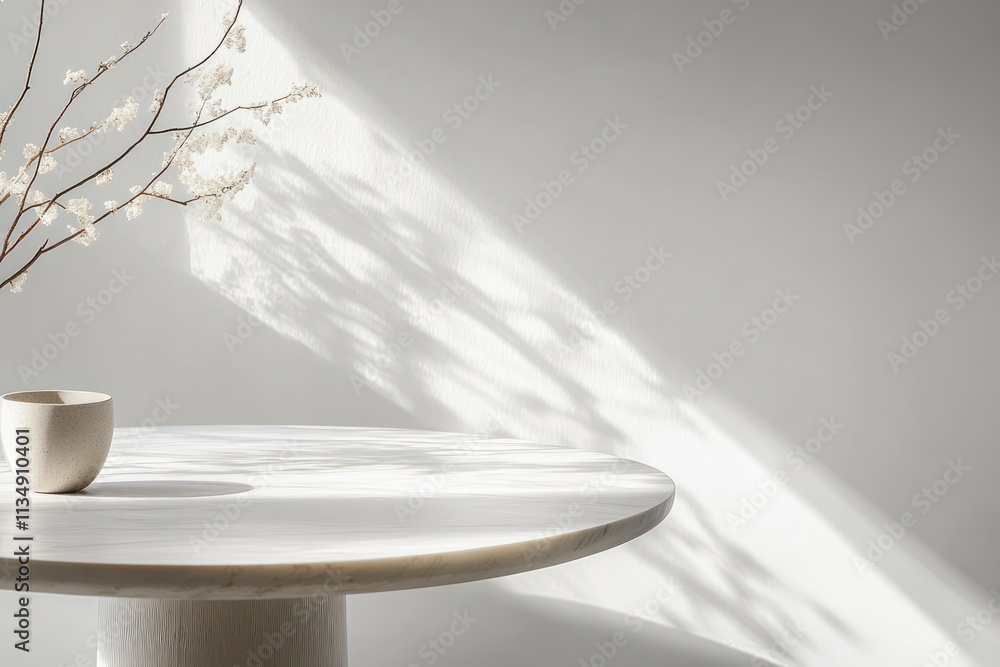 Poster round marble table with abstract shadows on white wall for minimalist product display