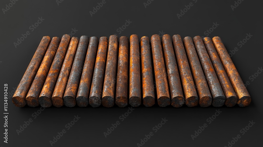 Poster rusty oxidized steel bars arranged in a row showcasing texture and color variations against a dark b