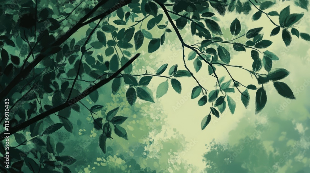 Poster lush green leaves basking in soft light on a tree branch creating a serene and inviting natural back
