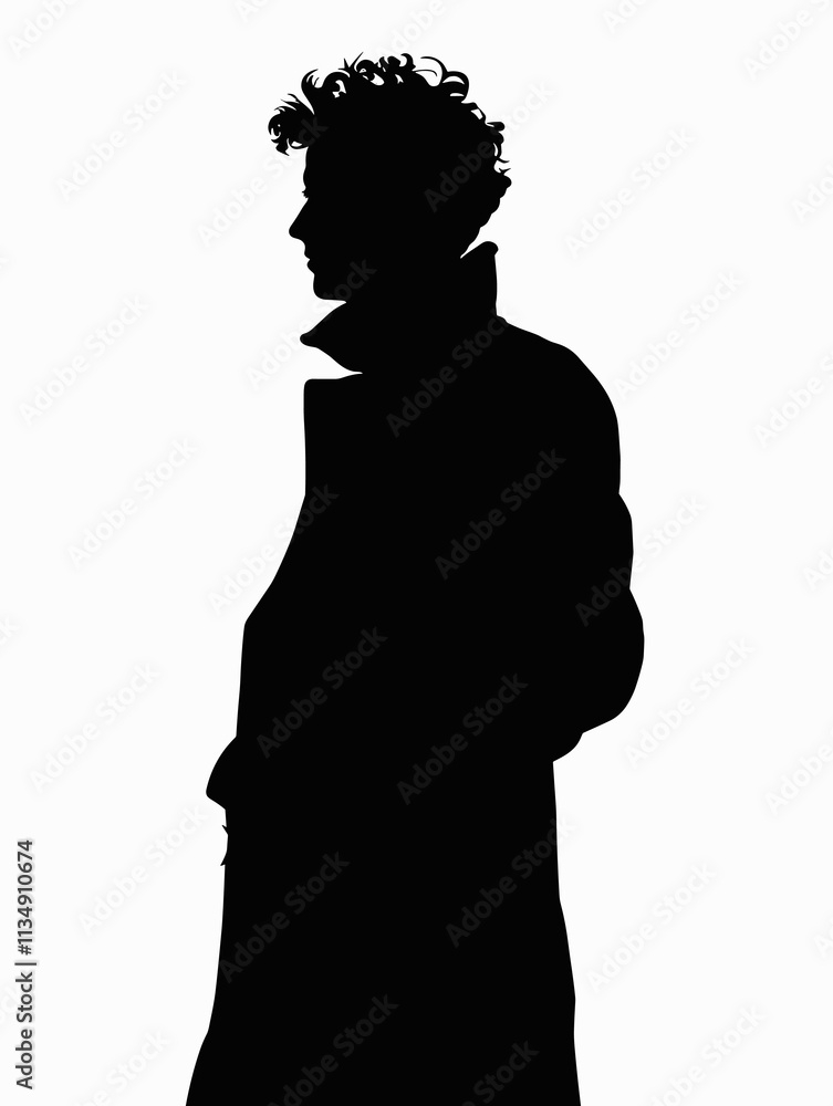 Poster man in a coat is standing in front of a white background. the man is wearing a black coat and has a 