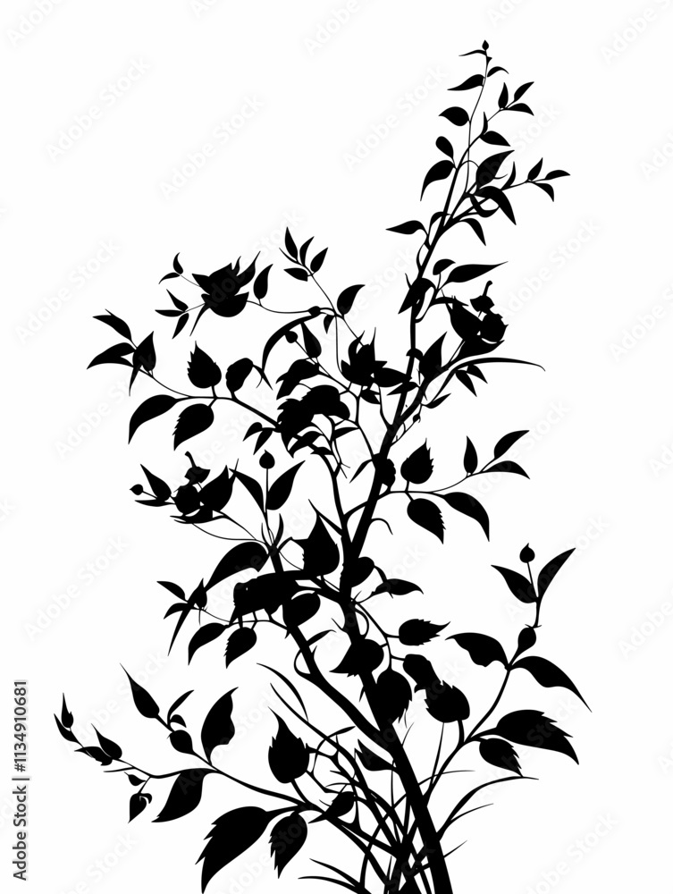 Poster tree with many branches and leaves is shown in black and white. the tree is tall and has a lot of le
