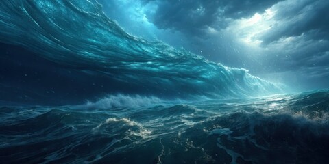 A colossal ocean wave looms under a tempestuous sky, a dramatic depiction of nature's immense power