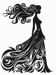 Woman is depicted in a black and white dress with a long flowing skirt. The dress is elegant and sophisticated, with intricate details and a flowing silhouette