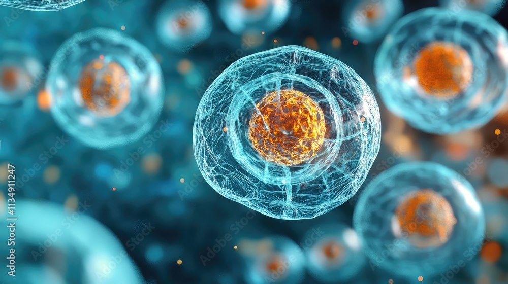 Poster 3d rendering of biological cells with vibrant colors showcasing cellular structure and internal comp