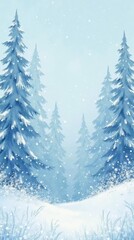 Obraz premium Frozen winter snow forest banner. Watercolor snowflakes poster. Snowy trees wallpaper background