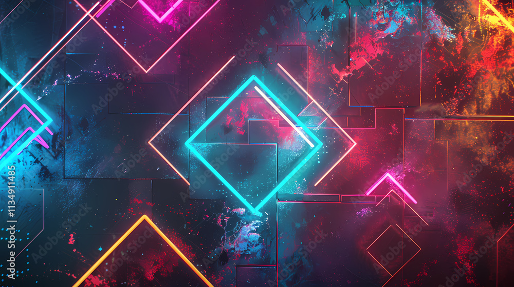 Poster neon geometry: vibrant, glowing neon squares and lines intersect in a dynamic and futuristic composi