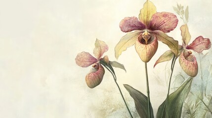 Naklejka premium Paphiopedilum orchid flowers with pastel hues set against a soft artistic background showcasing delicate petals and natural beauty