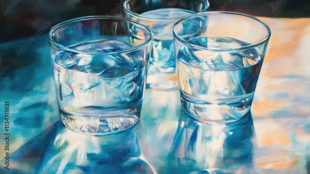Poster refreshing glasses of water with ice cubes illuminated by soft light on a cool surface showcasing cl