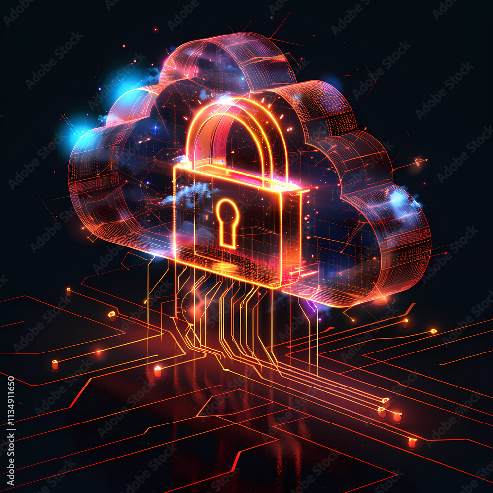 Aufkleber cybersecurity cloud protection: a glowing padlock icon is securely nestled within a futuristic, tran