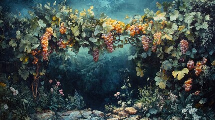 vibrant grapevine arch adorned with ripe grapes in serene garden setting surrounded by lush greenery and colorful flowers