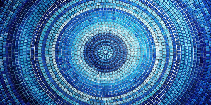 A circular mosaic pattern of blue and white tiles, creating an abstract design with concentric circles and a central focal point.