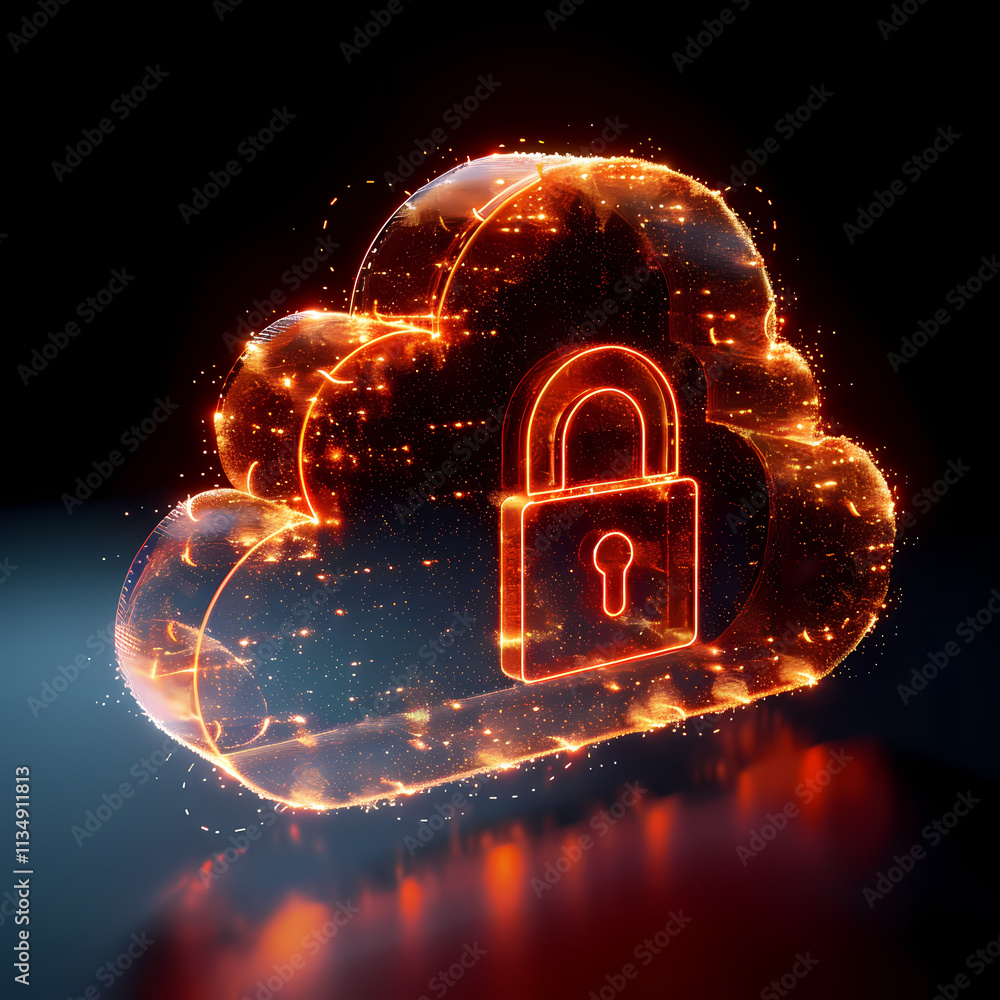 Poster secure cloud data: glowing, futuristic cloud with a fiery padlock, symbolizing secure data storage a