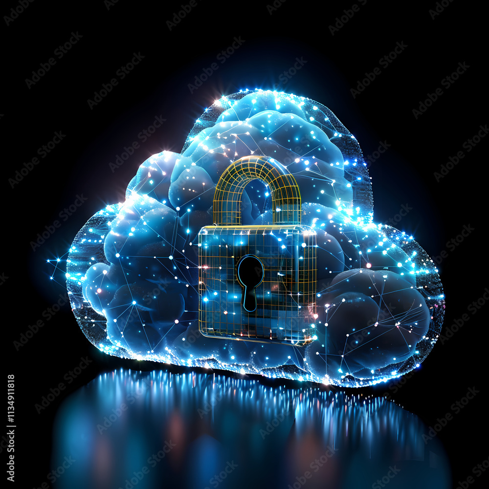 Poster cybersecurity cloud protection: a futuristic, glowing blue cloud icon with a secure padlock at its c