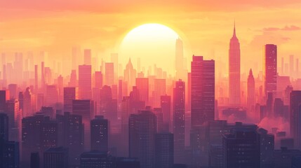 Fototapeta premium City skyline sunrise views, sun rising behind a metropolitan skyline, casting a warm glow over skyscrapers and cityscape