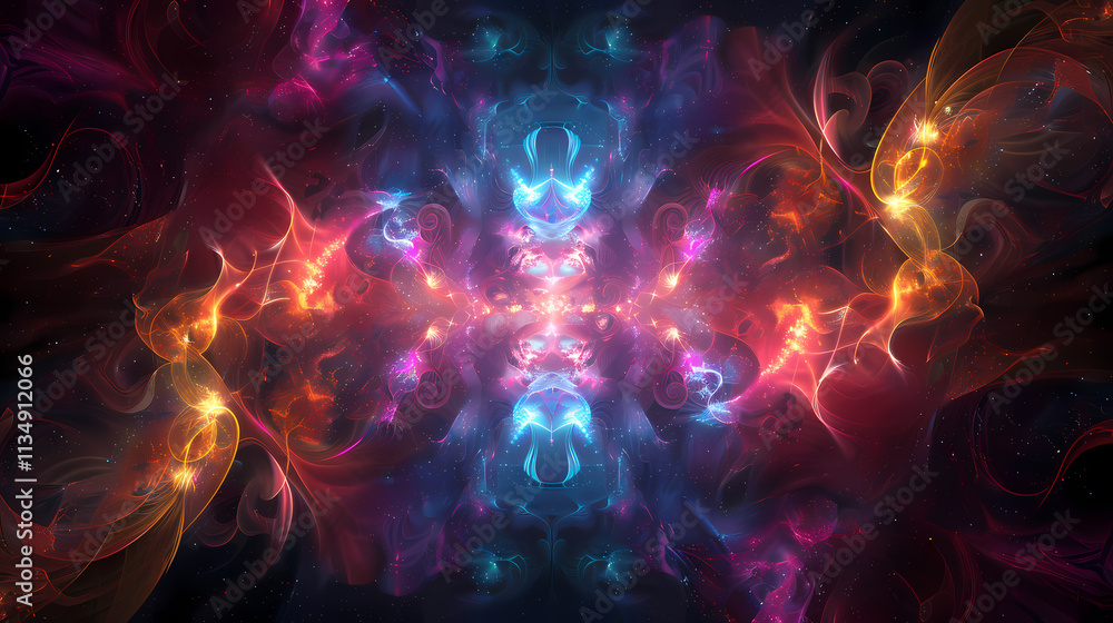 Poster cosmic kaleidoscope: a mesmerizing fractal artwork explodes with vibrant hues of deep purples, fiery