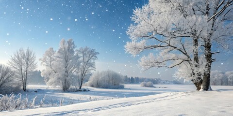 Obraz premium A serene winter landscape showcasing snow-covered trees and a pristine field, under a softly falling snow and clear blue sky
