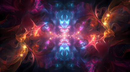 Fototapeta premium Cosmic Kaleidoscope: A mesmerizing fractal artwork explodes with vibrant hues of deep purples, fiery oranges, and electric blues, creating a symmetrical and otherworldly design.