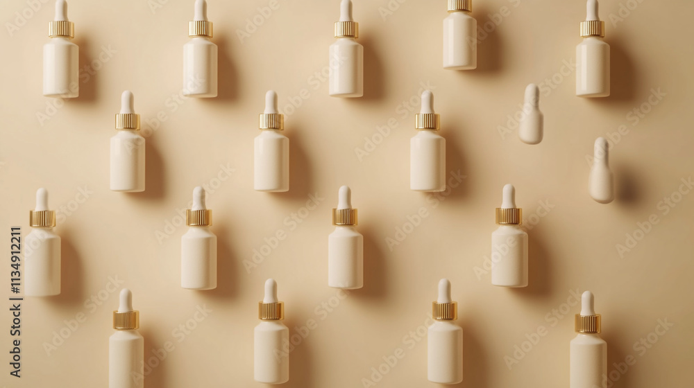 Poster various skincare product bottles arranged on a neutral background in an artistic display