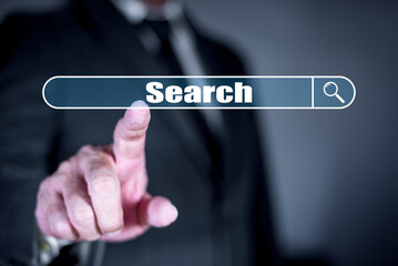 Businessman searching on virtual screen. Data technology search engine optimization by artificial intelligence technology. Ai search tech concept