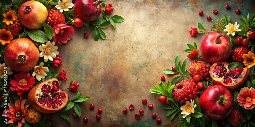 Aufkleber Elegant Frame Design Featuring Pomegranates and Flowers for Decorative Purposes in a Beautiful Setting with Ample Copy Space for Custom Text and Branding Needs