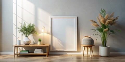 Fototapeta premium Elegant Frame Mockup Featuring a Tranquil Interior with Soft Lighting and Minimalist Decor, Perfect for Showcasing Art or Photography in a Serene Environment