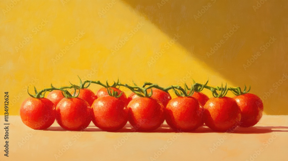 Poster vibrant red tomatoes arranged in a perfect row against a warm yellow backdrop creating an inviting a