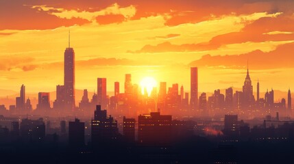 City skyline sunrise views, sun rising behind a metropolitan skyline, casting a warm glow over skyscrapers and cityscape