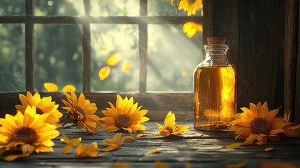 Sunlight streams through a rustic window, illuminating a stylish sunflower oil bottle beside fresh sunflower petals, creating a warm and inviting atmosphere