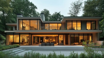 Fototapeta premium a modern minimalist house with clean lines, large glass windows, and neutral tones blending seamlessly with nature.