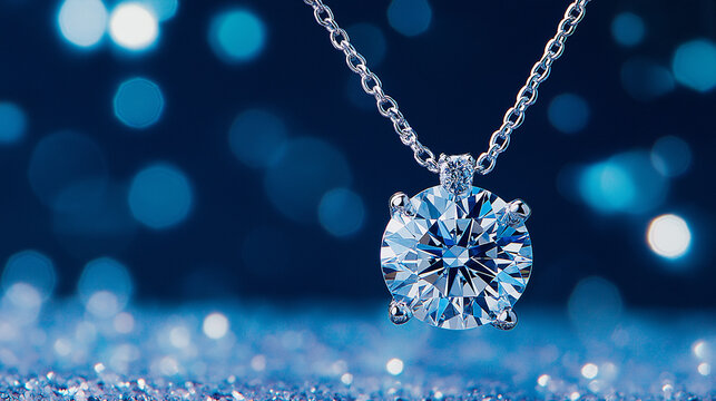 Dazzling Diamond Pendant: Sparkling brilliance captured in exquisite detail. A solitaire diamond pendant necklace hangs elegantly against a backdrop of shimmering blue bokeh lights.  