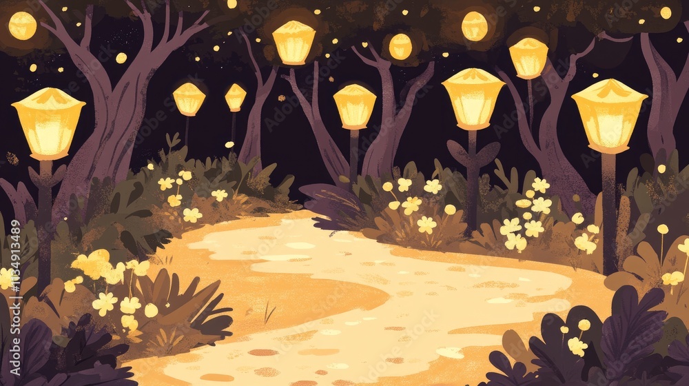 Poster Enchanted autumn forest path illuminated by lanterns creating a magical atmosphere in a golden landscape at night.