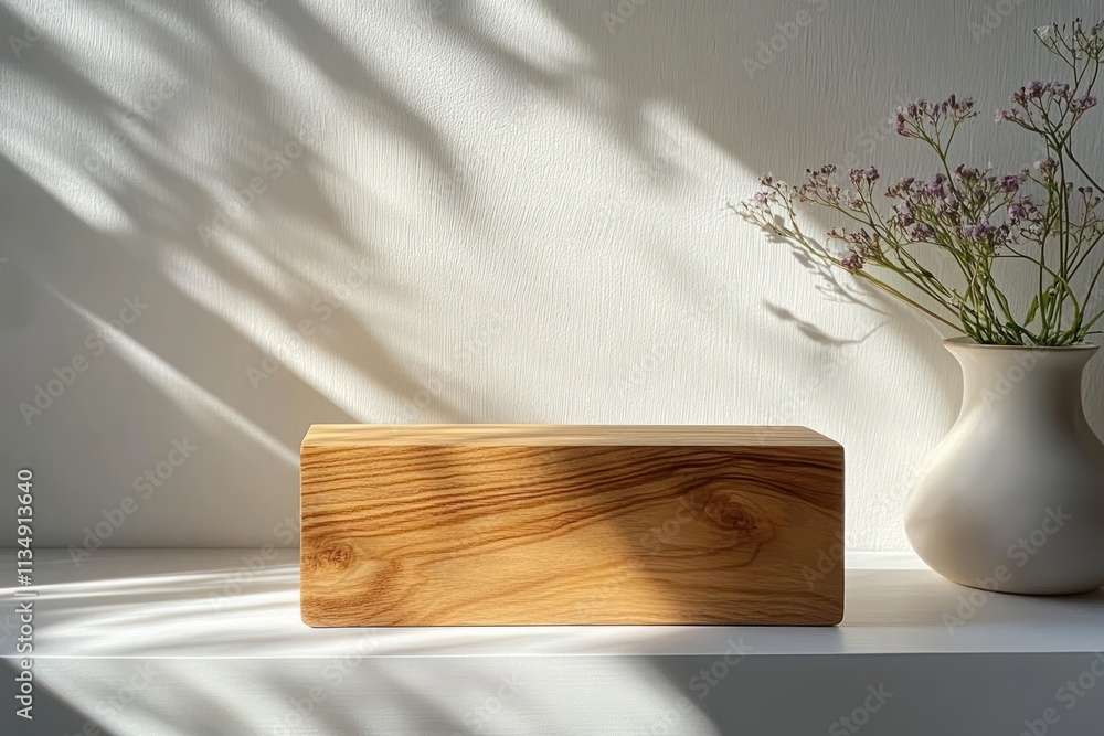 Poster minimalist wooden block on white surface with soft natural light and shadows for elegant clean displ