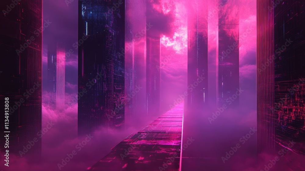 Poster futuristic digital landscape with towering structures emitting vibrant signals representing advanced