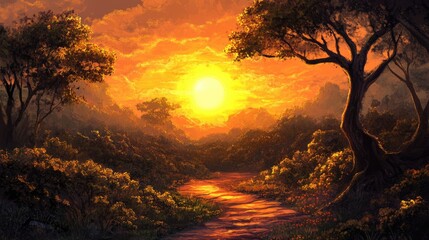 Naklejka premium Serene golden hour sunset illuminating lush greenery and a winding path in a tranquil landscape scene.